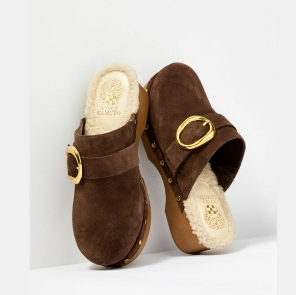 Vince Camuto Shoes - Vince Camuto Canzenee Sherpa Women  7.5 Brown Suede Wooden Wedge Heel Clog Shoes